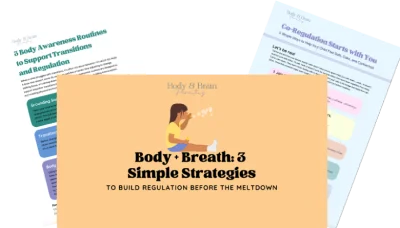 Body, Breath, and Simple Strategies guide cover with background showing stress management and regulation worksheets for mental health support